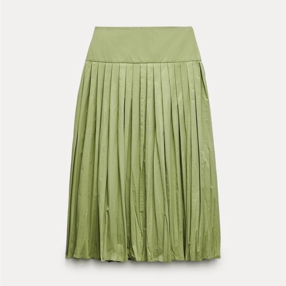 Zara Cotton Pleated Midi Skirt Mid Waist Yoke Detail at waist ZW Green XS NWT - Picture 11 of 16